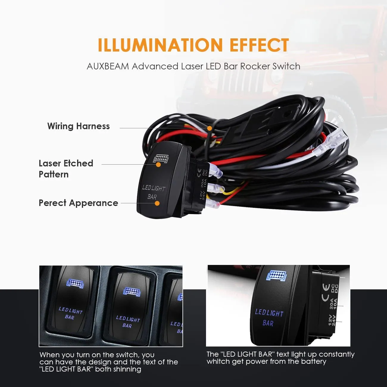 (2 Leads)LED Light Bar Rocker Switch with 3Pcs Switching Lines Wiring Loom Harness Kit with Fuse and Relay