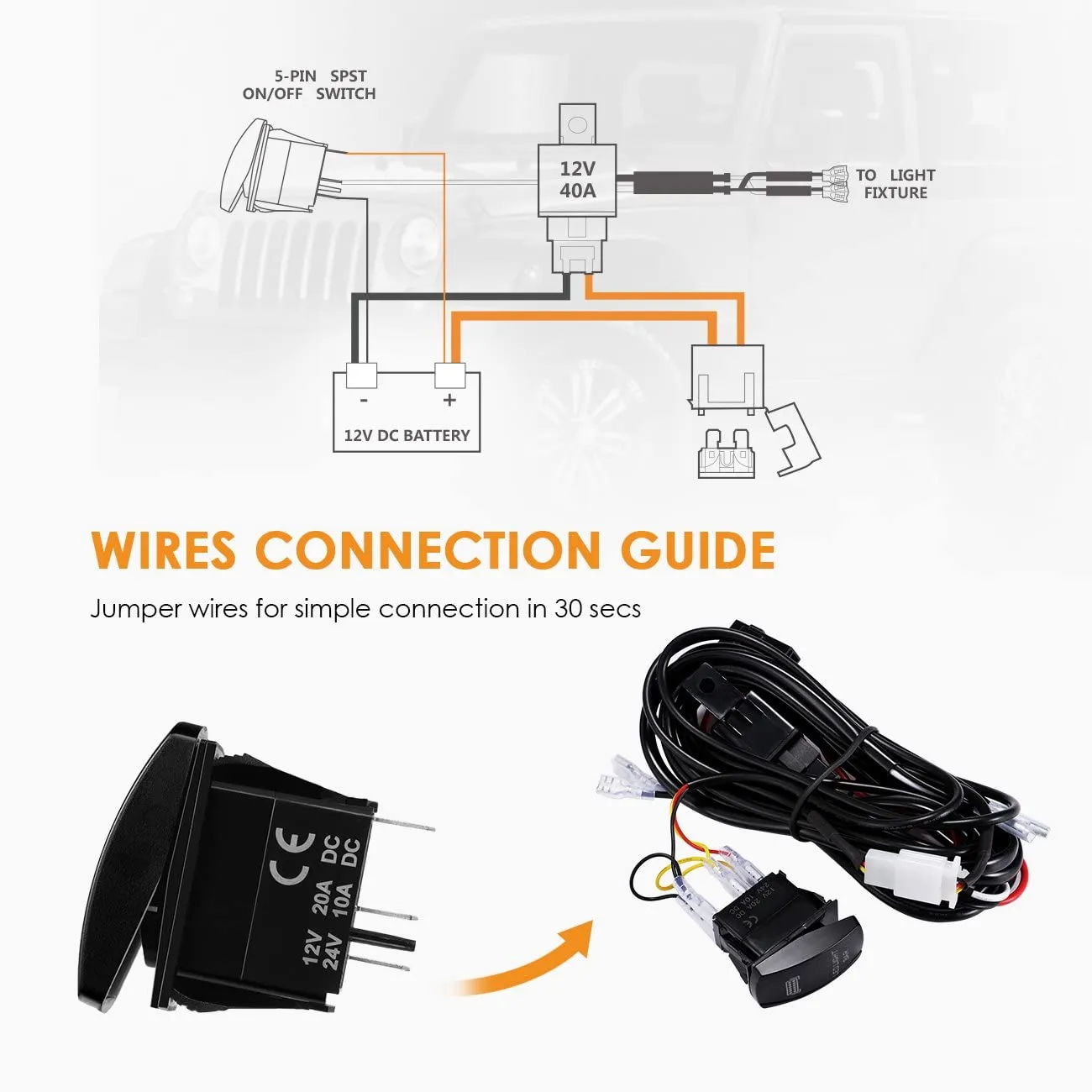 (2 Leads)LED Light Bar Rocker Switch with 3Pcs Switching Lines Wiring Loom Harness Kit with Fuse and Relay