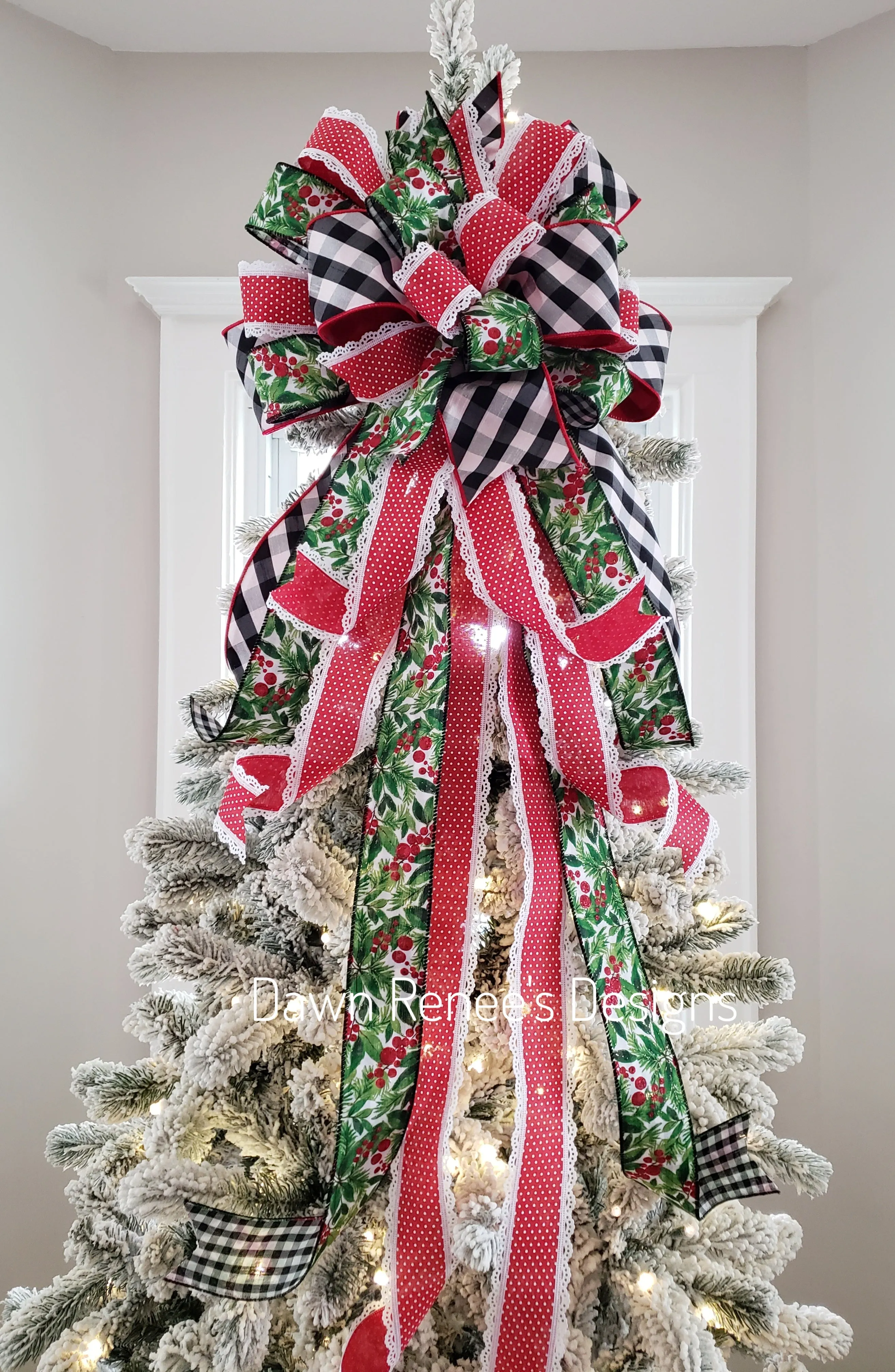 Black and White Buffalo Plaid Red Green Christmas Tree Bow with Long Streamers