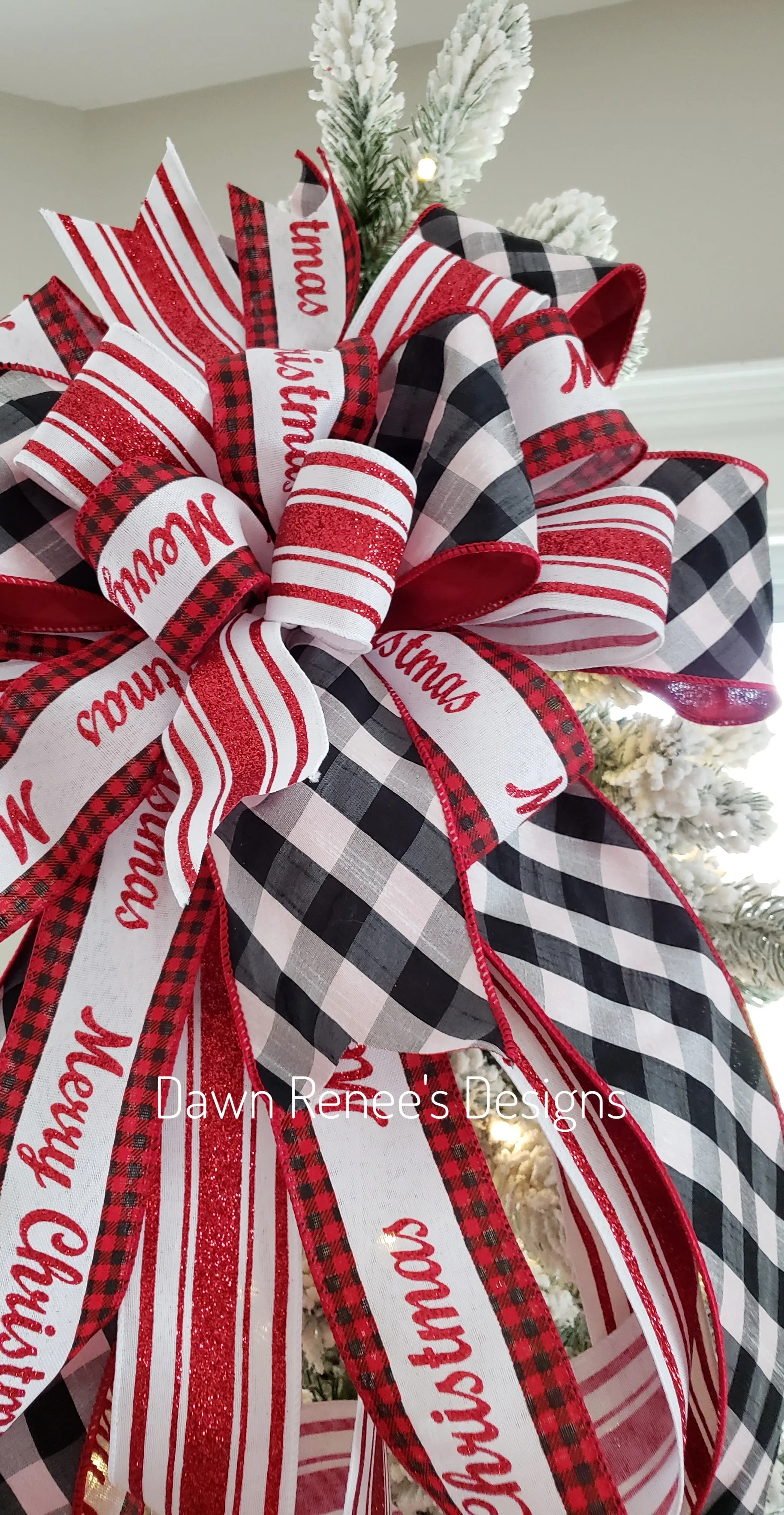 Buffalo Check Merry Christmas Tree Topper Bow - Red White Black