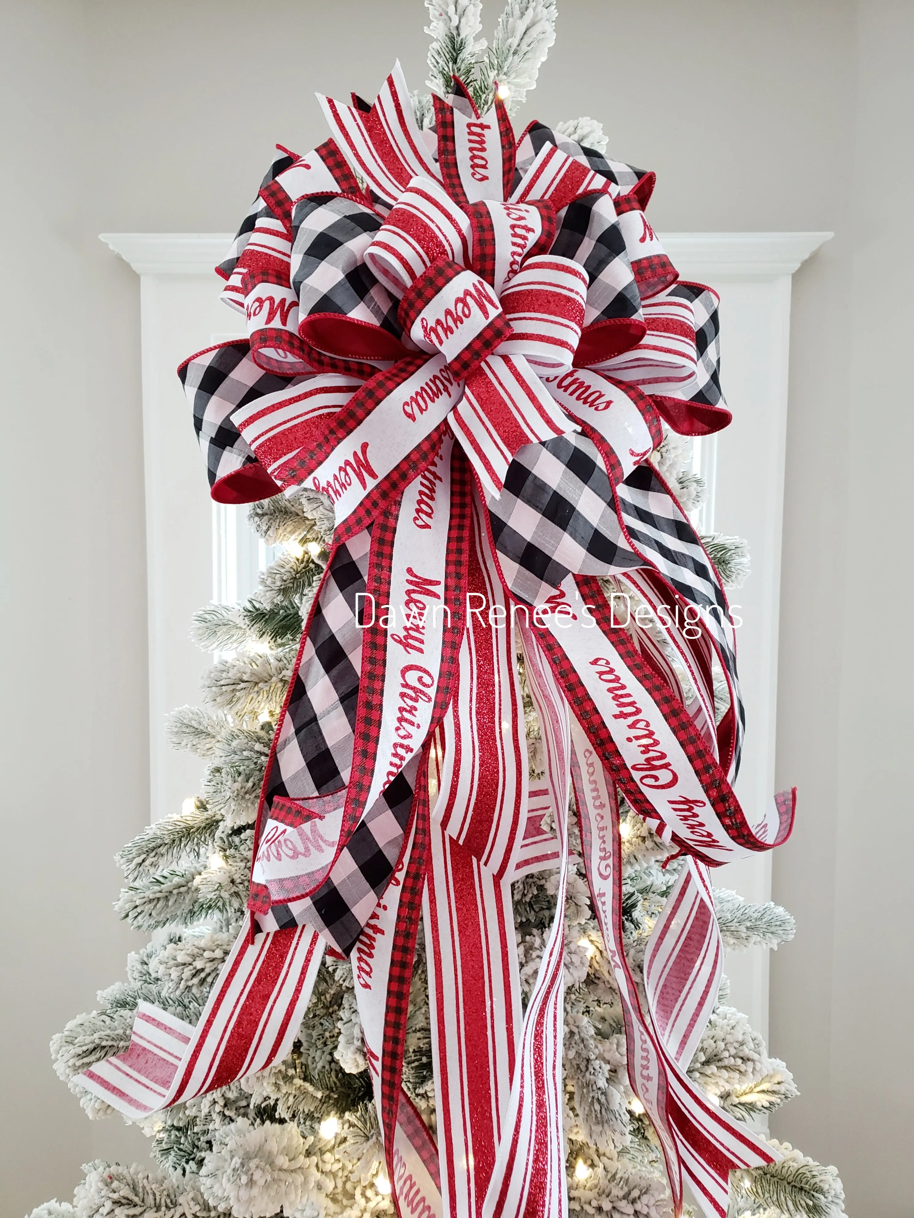 Buffalo Check Merry Christmas Tree Topper Bow - Red White Black