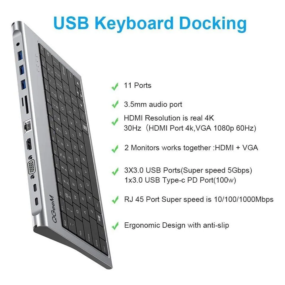 Keyboard and USB-C Hub: for Mac Android Windows Triple Display 4K HDMI SD Card RJ45 LAN Aux PD USB Hub Adapter