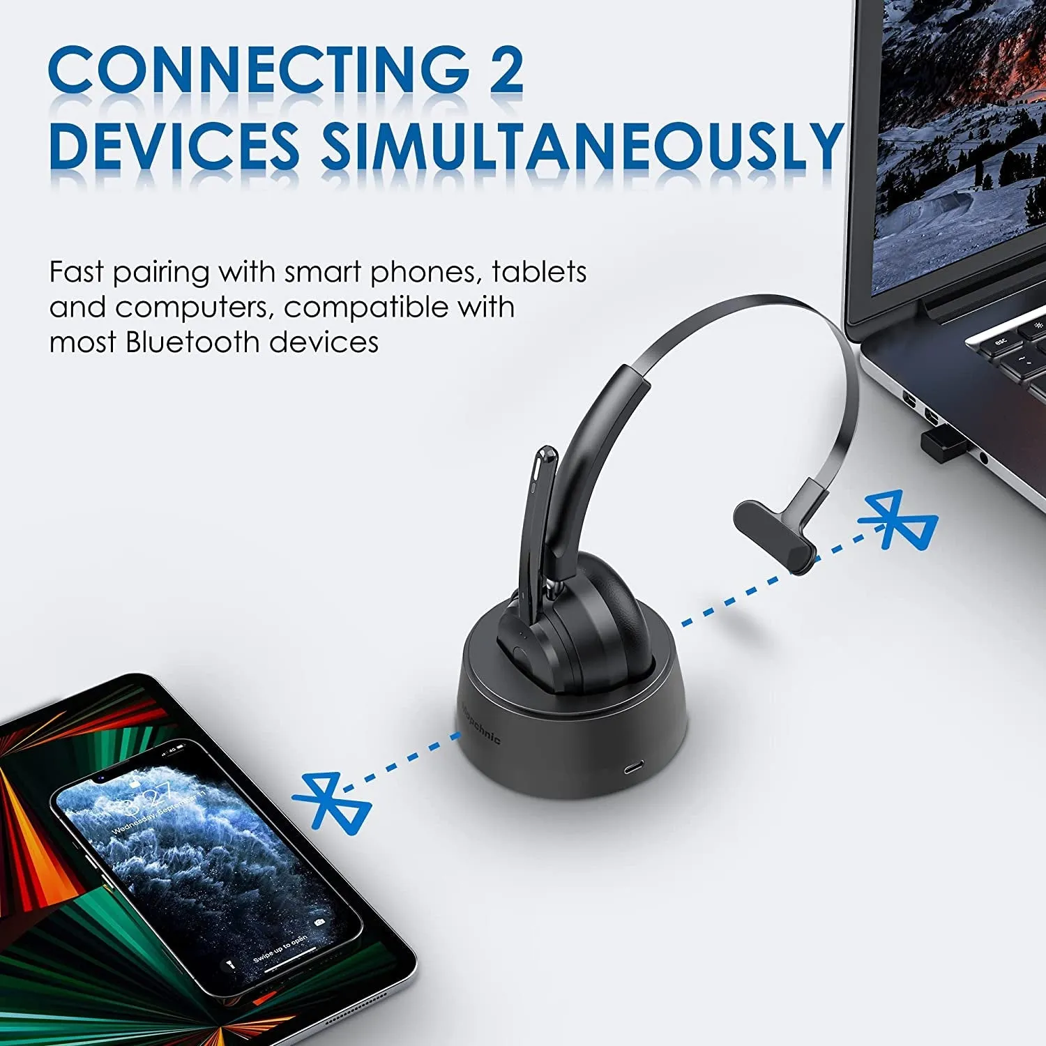 Mopchnic Bluetooth Headset, Wireless Headset with Upgraded Microphone AI Noise Canceling, on Ear Bluetooth Headset with USB Dongle for Office Call Center Skype Zoom Meeting Online Class Trucker