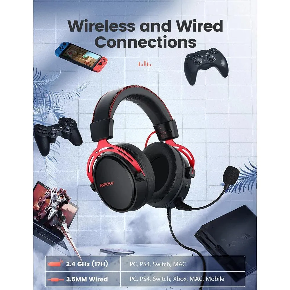 Mpow Air Wireless Gaming Headset - 3D Audio, Noise Cancelling Mic & All-Day Comfort for Gamers