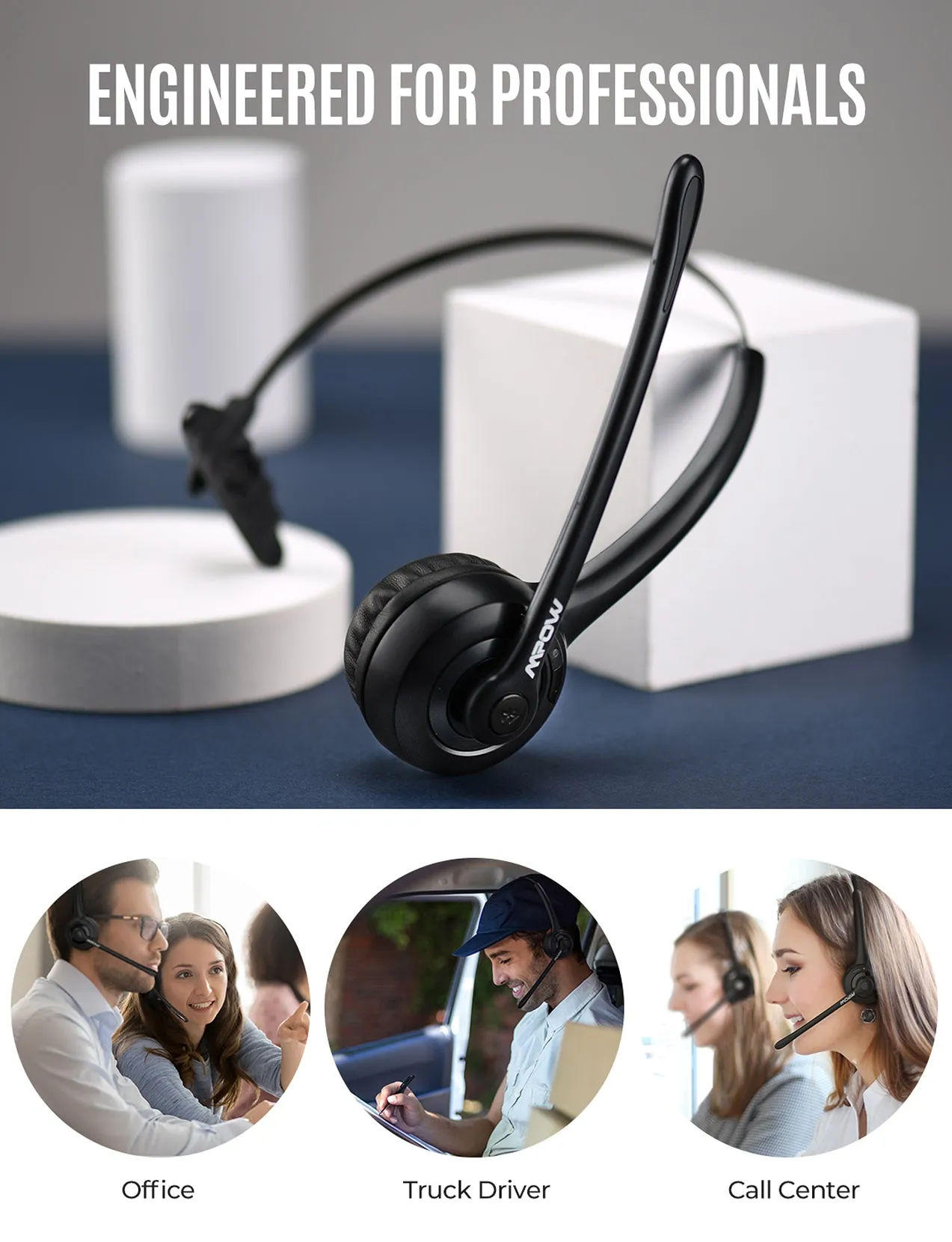 Mpow Pro Bluetooth Wireless Headset V5.0 with Microphone (Dark Black)