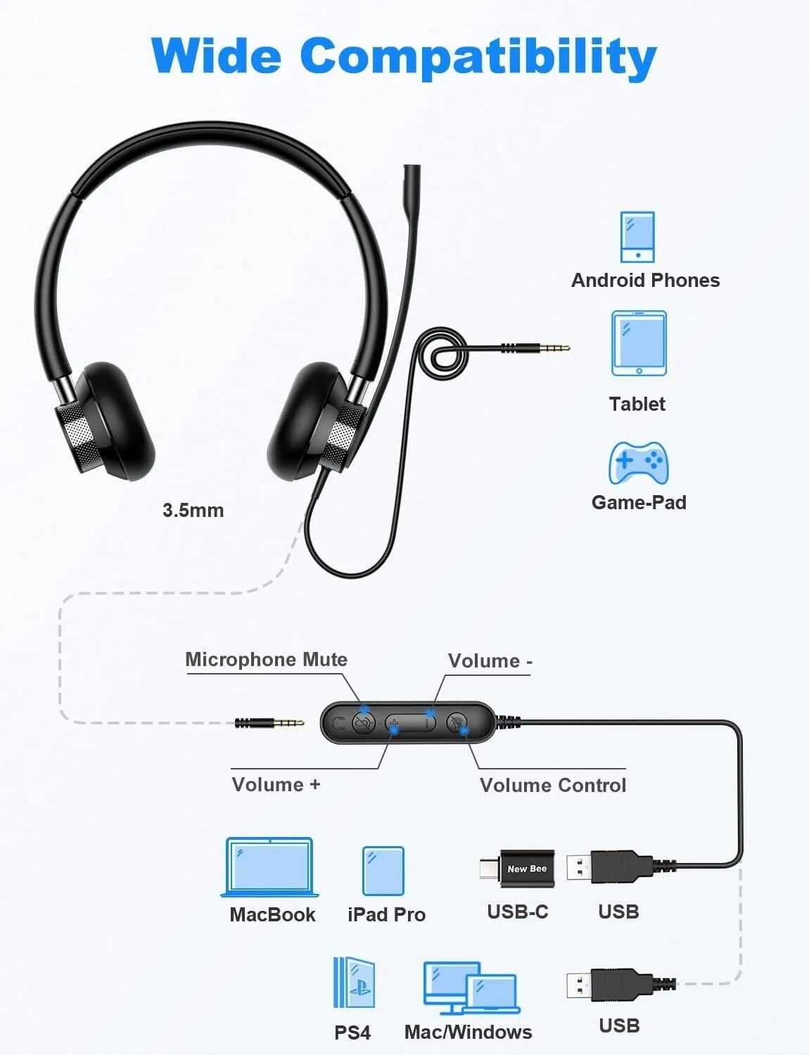 New Bee USB Headset with Flexible Microphone for L/R Side Computer