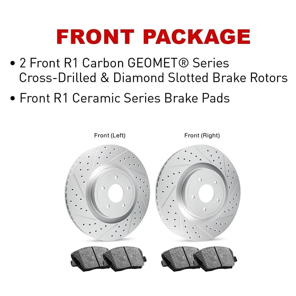 R1 Concepts - Carbon GEOMET® Series - Front Kit - Drilled & Slotted Rotors w/ Ceramic Pads - 2018-2020 F150/Raptor (Electric Parking Brake)