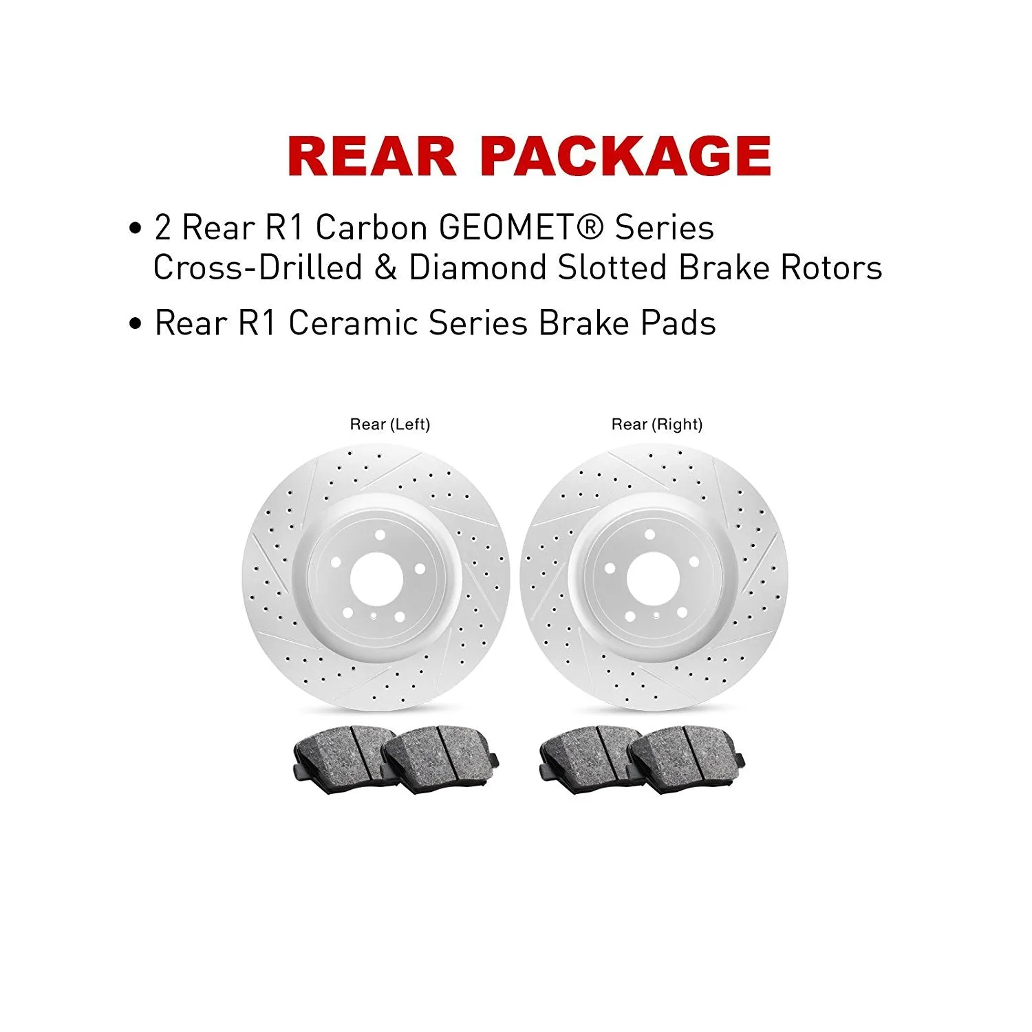 R1 Concepts - Carbon GEOMET® Series - Rear Kit - Drilled & Slotted Rotors w/ Ceramic Pads - 2018-2020 F150/Raptor (Electric Parking Brake)