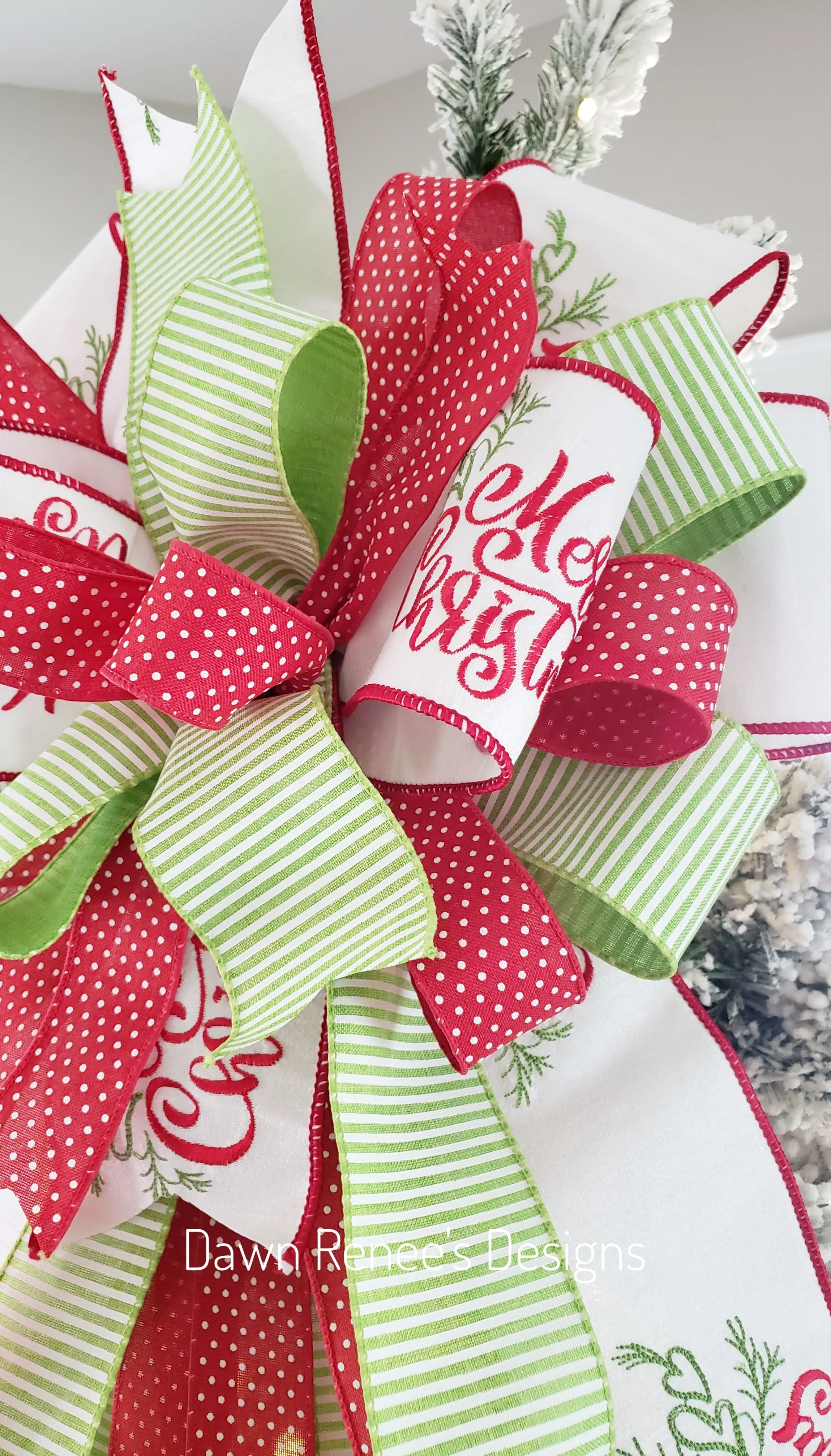 Red White Green Merry Christmas Tree Topper Bow with Long Streamers