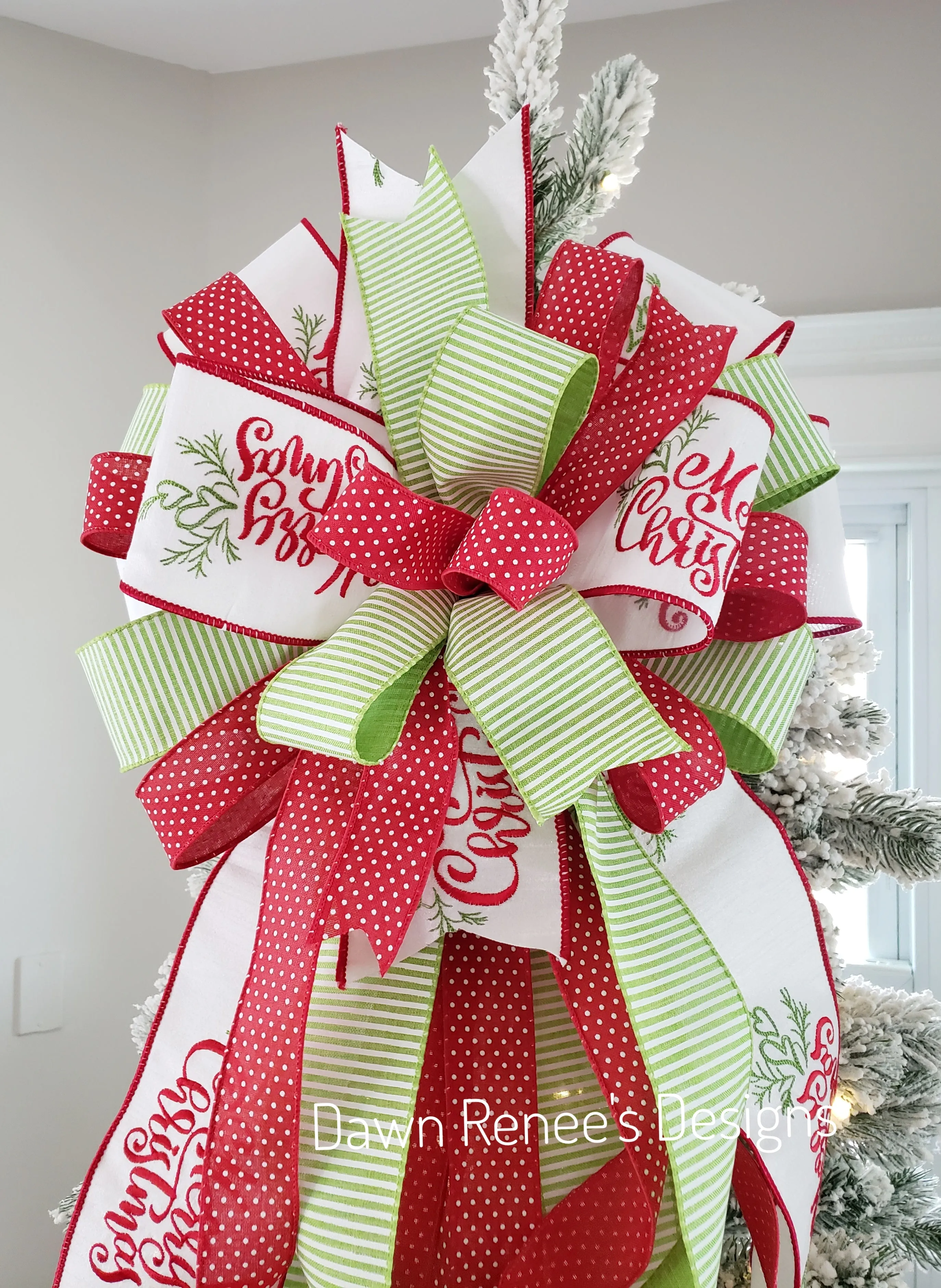 Red White Green Merry Christmas Tree Topper Bow with Long Streamers