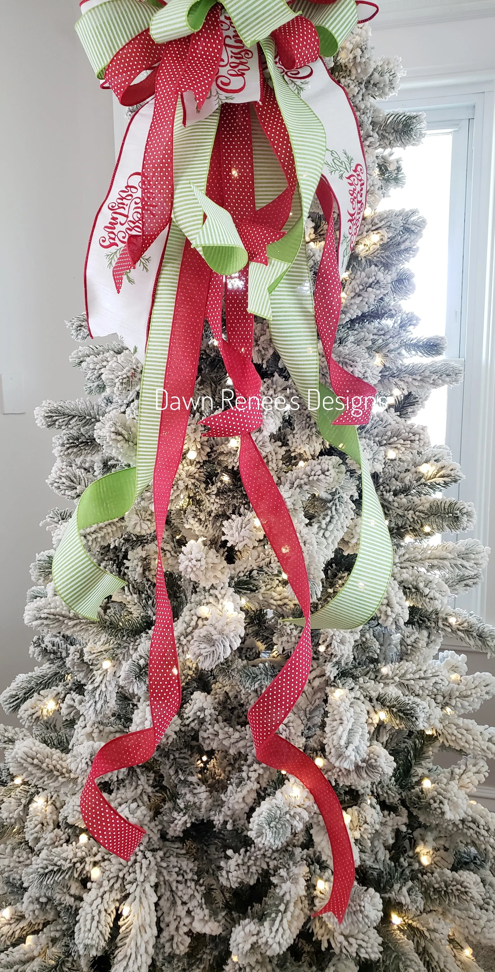 Red White Green Merry Christmas Tree Topper Bow with Long Streamers