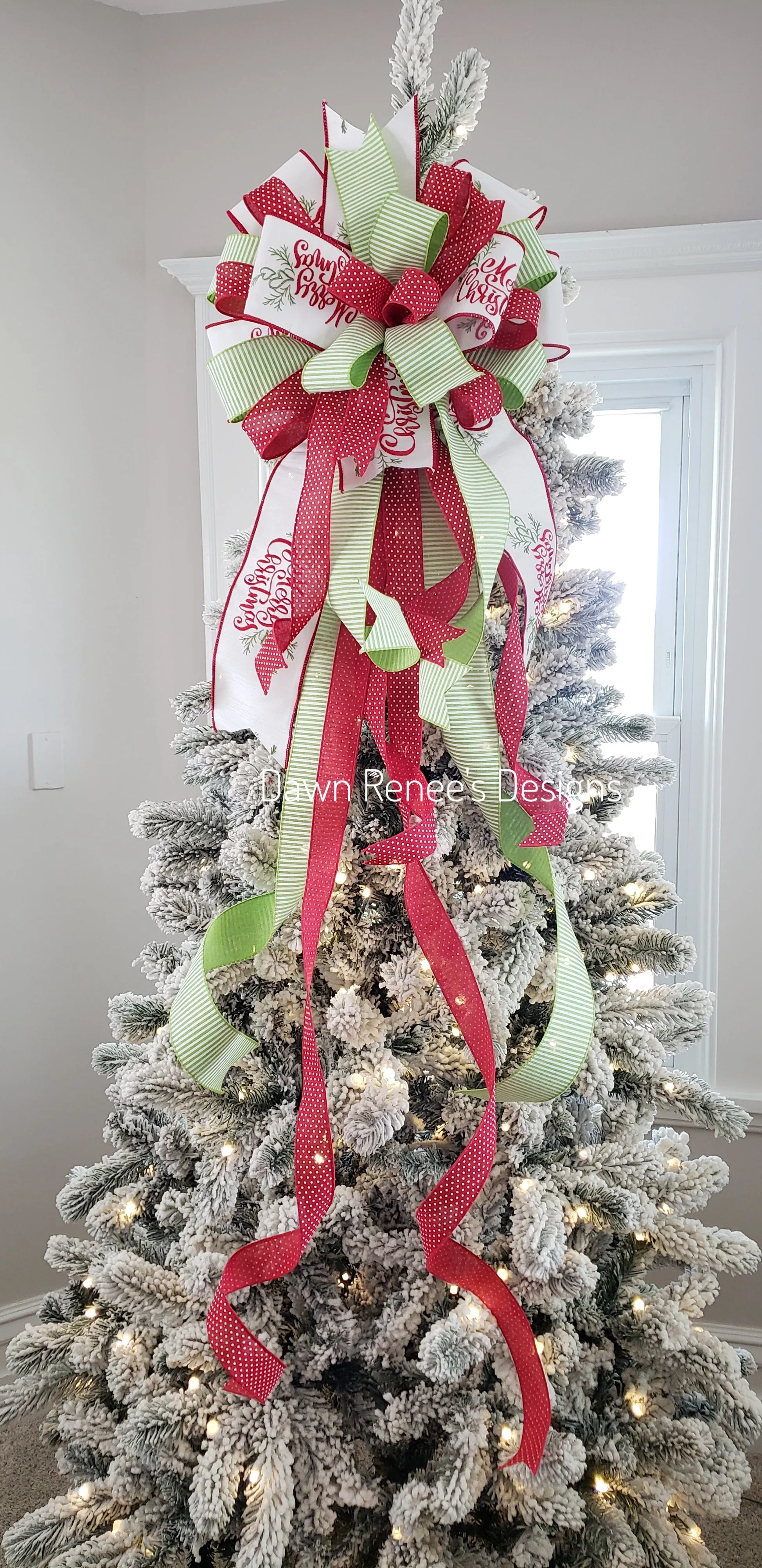 Red White Green Merry Christmas Tree Topper Bow with Long Streamers