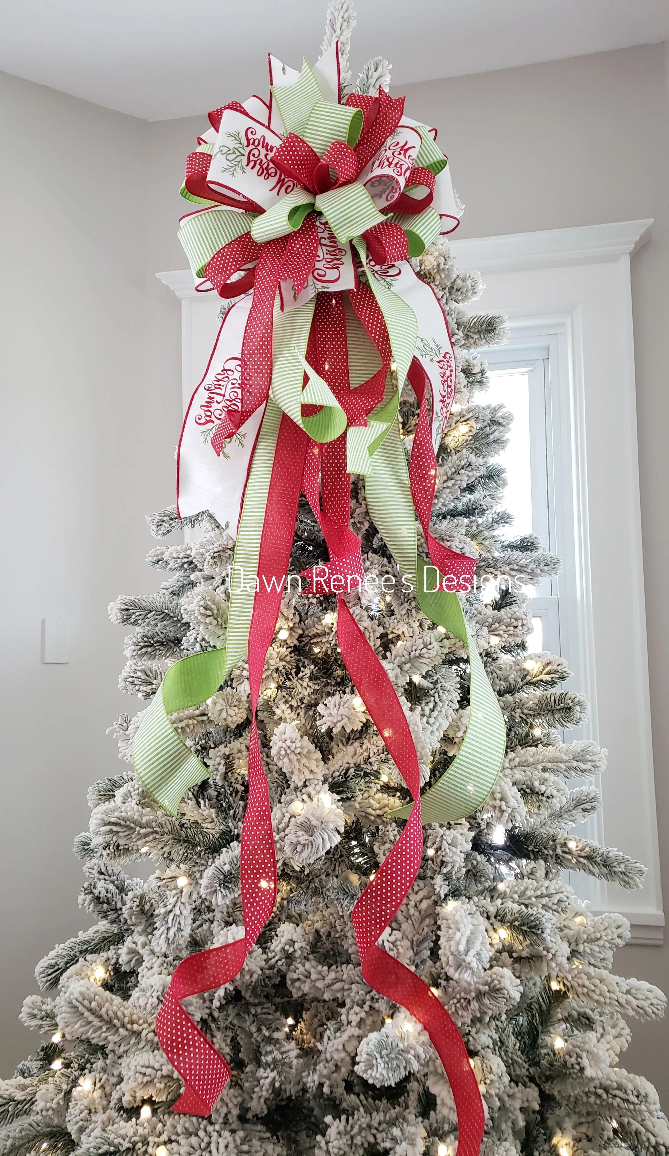 Red White Green Merry Christmas Tree Topper Bow with Long Streamers