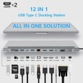 USB Type C Hub Adapter Laptop Docking Station, Dual Monitor Dual HDMI VGA RJ45 SD TF for MacBook Dell XPS HP Lenovo ThinkPad