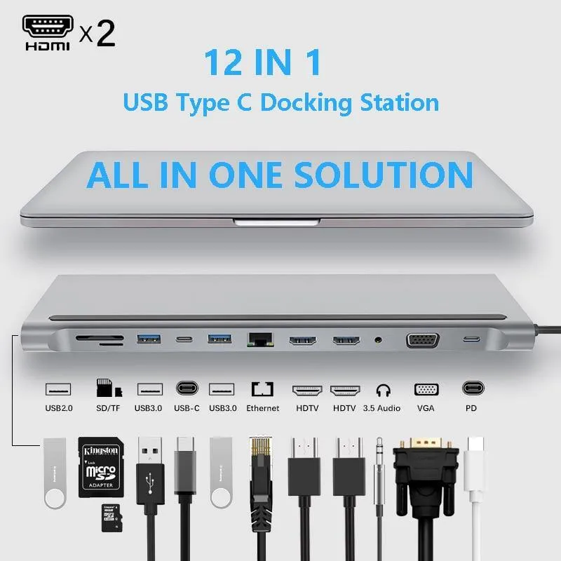 USB Type C Hub Adapter Laptop Docking Station, Dual Monitor Dual HDMI VGA RJ45 SD TF for MacBook Dell XPS HP Lenovo ThinkPad