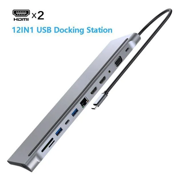 USB Type C Hub Adapter Laptop Docking Station, Dual Monitor Dual HDMI VGA RJ45 SD TF for MacBook Dell XPS HP Lenovo ThinkPad