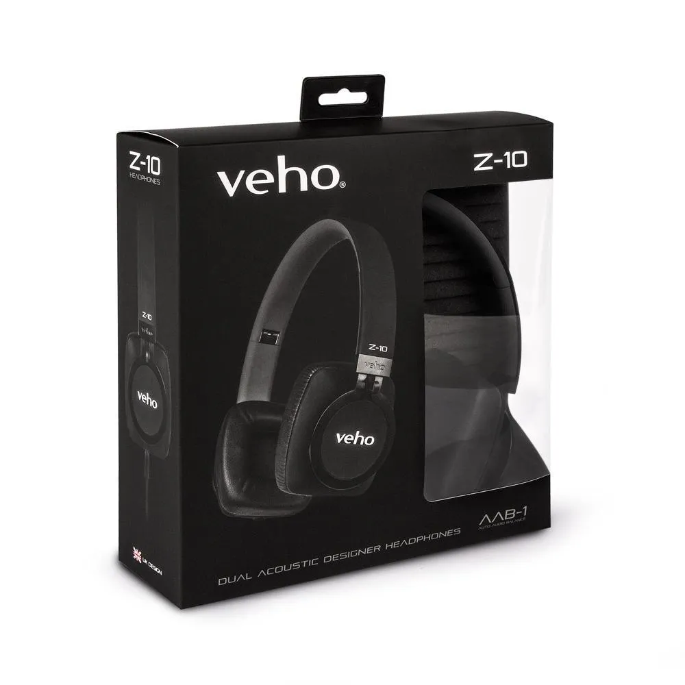 Veho Z-10 On-Ear Wired Premium Headphones | Black Edition | Aluminium Design | Stereo | Microphone | Remote Control | Detachable Cord | Flex Anti-Tangle Cable - Black