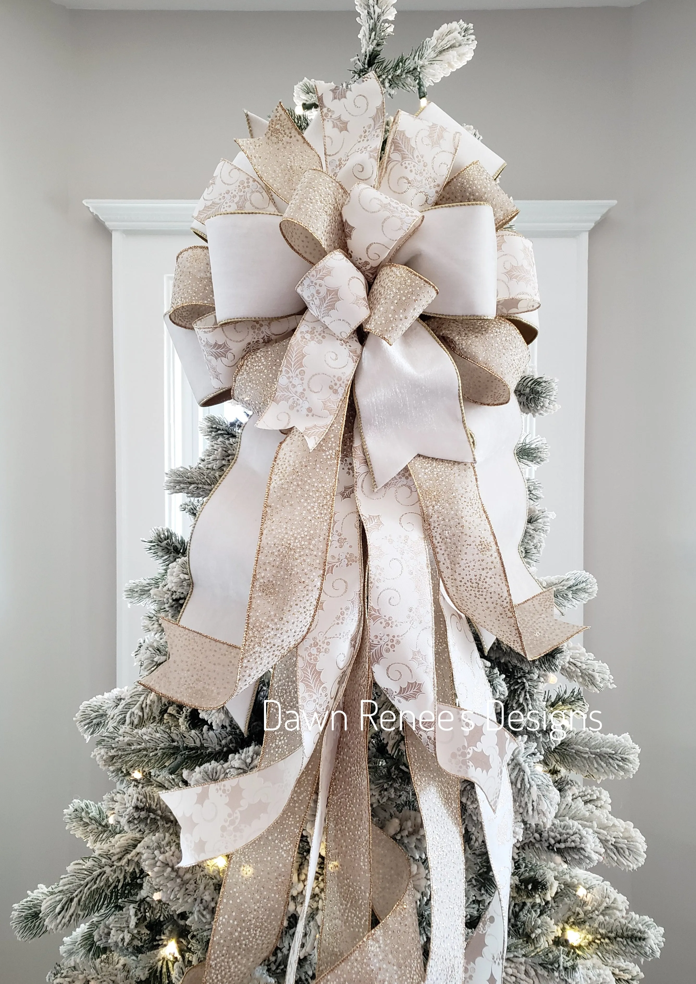 White Velvet and Gold Christmas Tree Bow